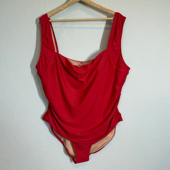 J. Crew Women's Red Square Neck Side Ruched One Piece Bathing Suit Size 22 NEW - Picture 1 of 8